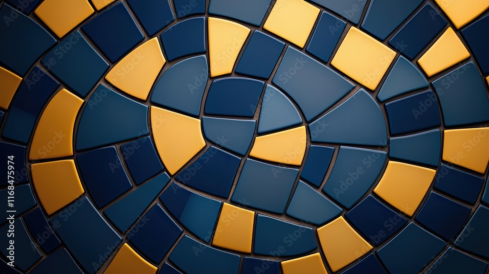 Poster mosaic abstract background concept. a stunning mosaic pattern featuring vibrant blue and gold tiles 