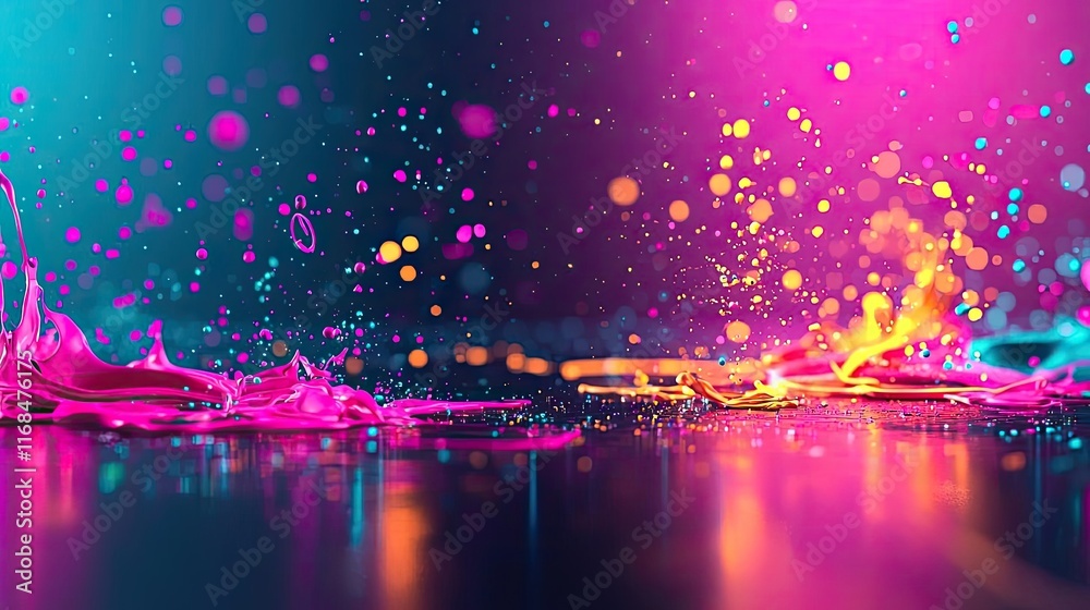 Poster Ink abstract background idea. Colorful droplets and splashes create a vibrant abstract background of light and motion.