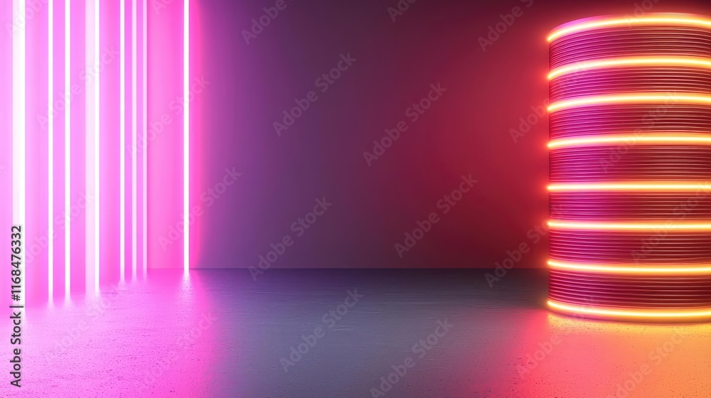 Poster Ink abstract background idea. Vibrant neon lights illuminate a modern, abstract space with colorful patterns.