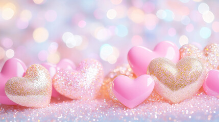 Fototapeta premium Pastel Glowing Hearts on Sparkling Background for Valentine's Day. Festive Valentine's day background.