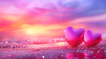 Fototapeta premium Vibrant Heart Symbols on Glittering Surface Against Dreamy Sunset Sky. Festive Valentine's day background.