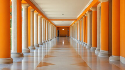 Orange walls and white columns create a long elegant hallway