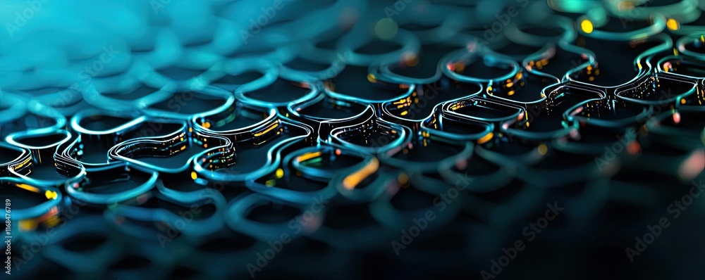 Poster Ink abstract background idea. Close-up of futuristic metallic pattern with illuminated lines and intricate design.