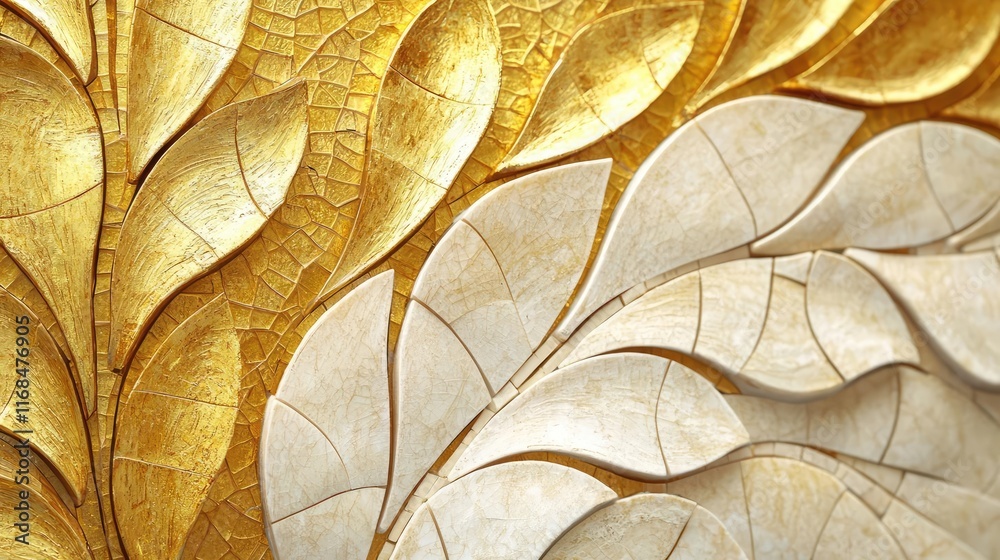 Poster Mosaic abstract background concept. Intricate golden and white leaf patterns create stunning visual textures for design.