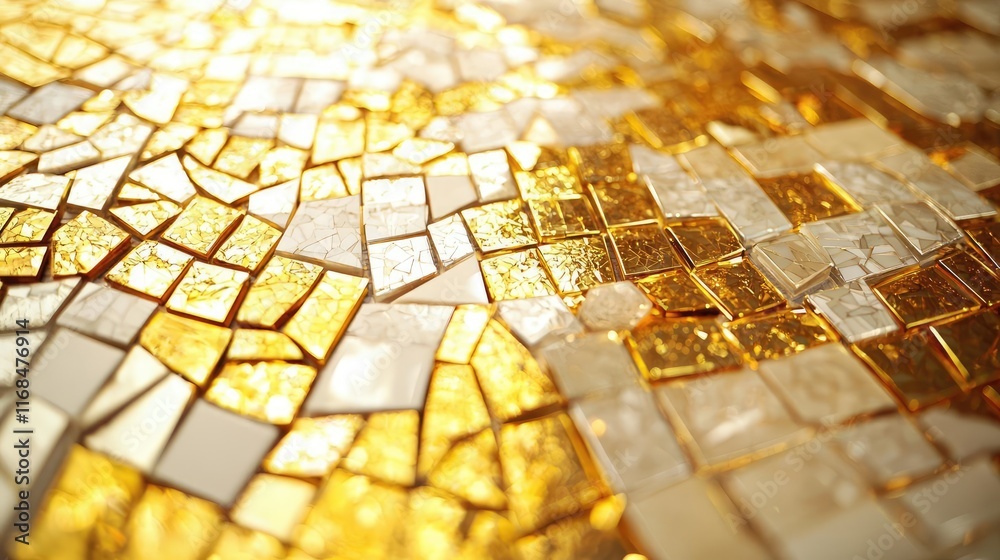 Poster Mosaic abstract background concept. Close-up of a stunning golden mosaic art pattern with shiny textures and vibrant colors.