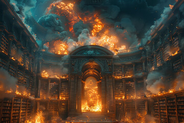 Obraz premium Majestic Library Engulfed in Flames During a Catastrophic Fire