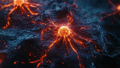 Glowing sphere erupting from volcanic rock.