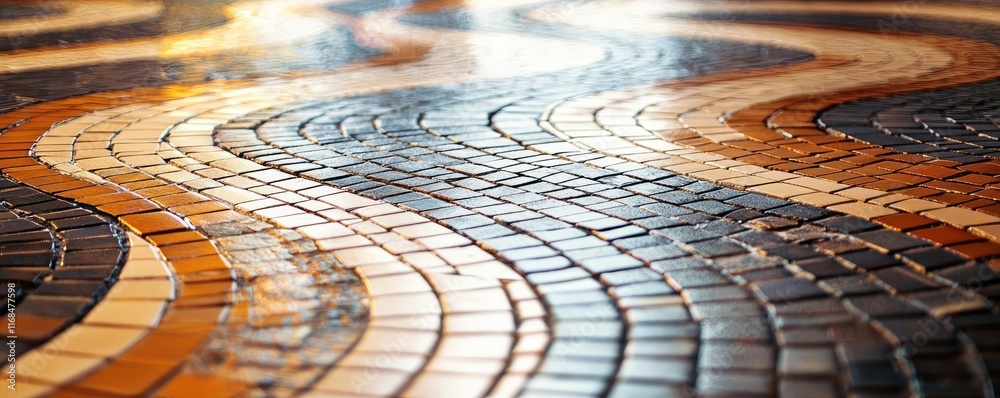 Poster Mosaic abstract background concept. A close-up view of a beautifully designed tiled floor with flowing patterns.
