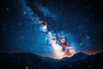 Fototapeta premium Milky Way galaxy over mountain range at night.