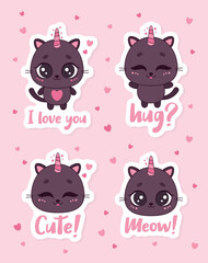 Vector sticker pack with caticorns. Cute unicorn cats with hearts on pink background.