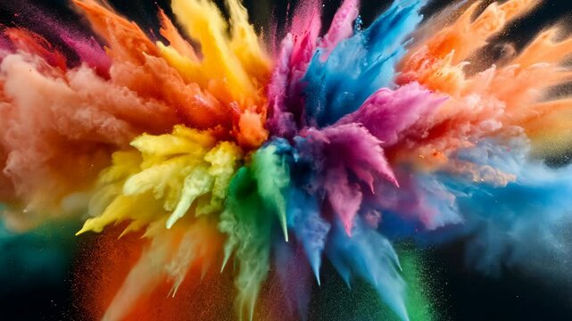Colorful explosion of smoke and dust. The colors are vibrant and the smoke is billowing out in all directions. Scene is chaotic and energetic, as if something powerful has just been unleashed