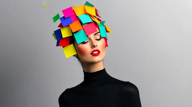 Woman wearing a colorful paper hat. The hat is made of many different colored squares. The woman is standing in front of a gray background