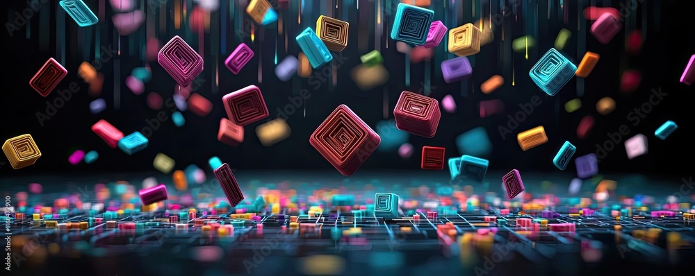 Poster Ink abstract background idea. Colorful geometric shapes floating in a digital environment with vibrant lighting.