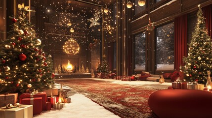 cozy holiday sanctuary featuring grand snow touched pine, elegant suspended baubles in crimson and champagne, soft falling snowflakes, shimmering holiday illumination, generous collection of wrapped