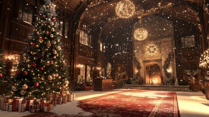 cozy holiday sanctuary featuring grand snow touched pine, elegant suspended baubles in crimson and champagne, soft falling snowflakes, shimmering holiday illumination, generous collection of wrapped