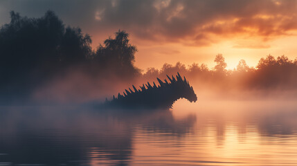 Naklejka premium Fantastyczne stworzenie wynurza się z jeziora o świcie, jego sylwetka ledwo widoczna przez unoszącą się mgłę, tworząc aurę tajemniczości.