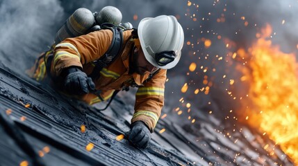 Firefighter battling intense blaze, close-up.