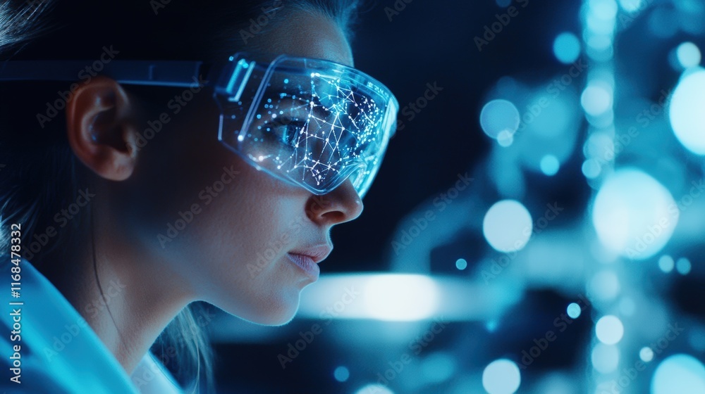 Poster a focused scientist analyzing data with futuristic goggles in a high-tech lab.