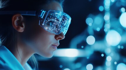 A focused scientist analyzing data with futuristic goggles in a high-tech lab.