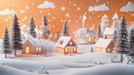 magical winter paper scene with cozy illuminated homes, majestic emerald pines, ethereal snow drifts, warm apricot winter sky, dimensional paper snowfall, delicate white cutout clouds, dreamy winter