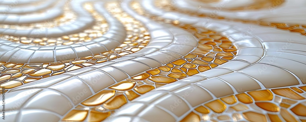 Poster Mosaic abstract background concept. Abstract pattern showcasing elegant curves and metallic textures in white and gold.