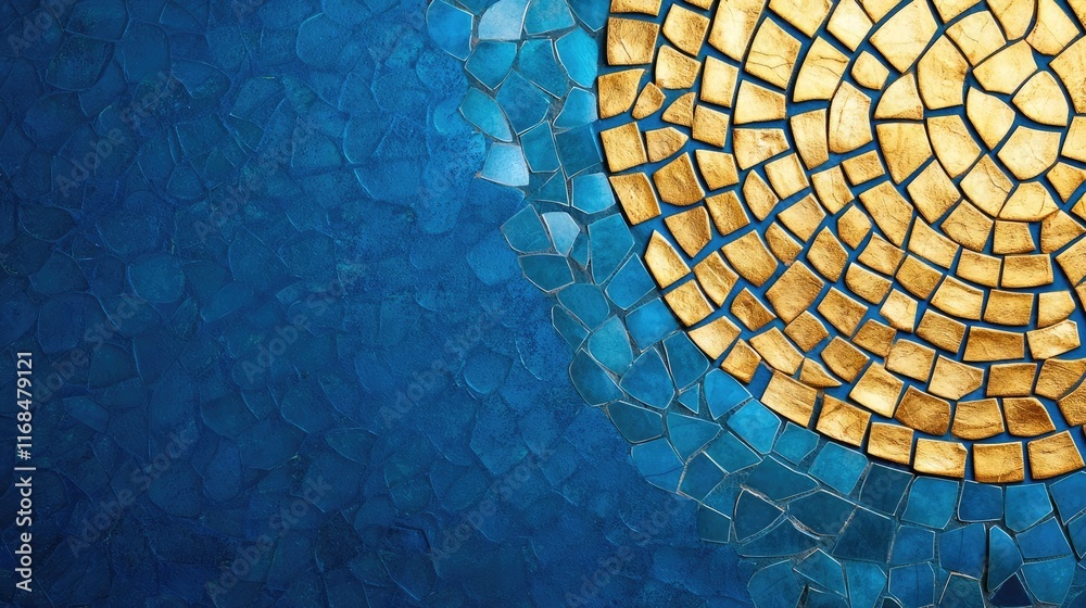 Poster Mosaic abstract background concept. A vibrant mosaic design featuring golden and blue tiles creating a stunning visual effect.