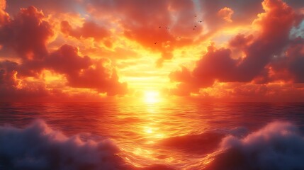 Fiery sunset over ocean waves.