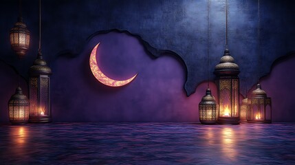 Fototapeta premium Illuminated Lanterns and Crescent Moon Night Scene