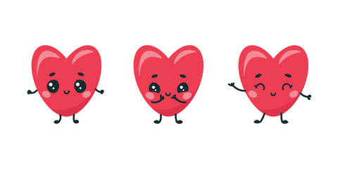 Set of cute hearts with kawaii eyes on white background. Design elements for valentine's day.