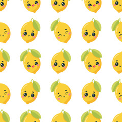Vector seamless pattern with cute lemons on white background. Happy fruit with leaves.
