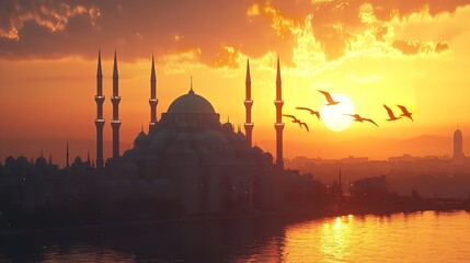 Fototapeta premium Muslim man praying in mosque ramadan Kareem concept islamic background