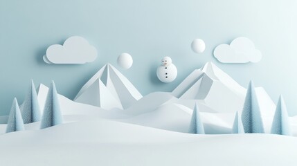 sculptural winter landscape with floating display circles, delightful paper snowman creation, modern geometric pines, clean mountain silhouettes, dimensional cloud forms, delicate snow particles,