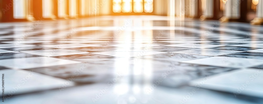 Poster Mosaic abstract background concept. Elegant marble floor with intricate patterns reflecting warm sunlight.