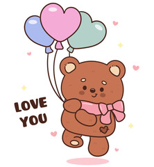 teddy bear holding heart balloons valentines day card kawaii animal lovely cartoon