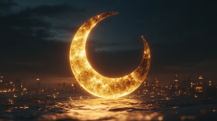 Fototapeta premium Glowing Crescent Moon Over Futuristic Cityscape
