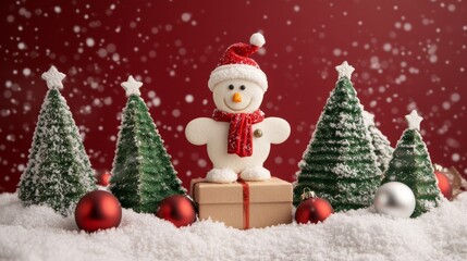 festive holiday display featuring dapper snow fellow, delightful green cookie trees, elegant kraft paper present, sweet gingerbread house, miniature ornament laden evergreen, pure white snow banks,