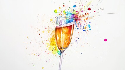 Champagne Glass Exploding with Colorful Watercolor Splashes on White Background..