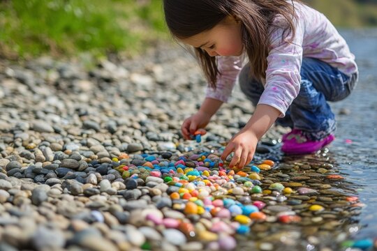 Child enjoying an outdoor activity collecting colorful stones by the riverbank on a sunny day