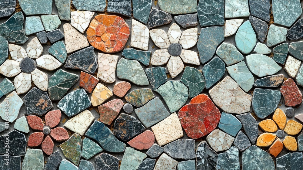 Poster mosaic abstract background concept. colorful mosaic pattern featuring floral designs made from vario