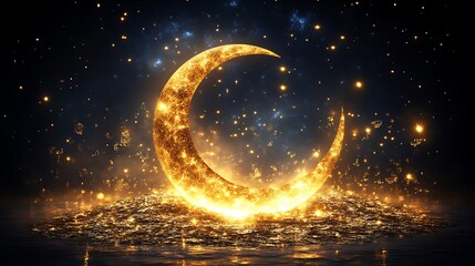 Golden Crescent Moon Over Glittering Water And Stars