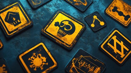 Obraz premium A collection of hazard warning signs, including skull and crossbones, laser hazard, and high voltage