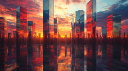 Fototapeta premium Lustrzane ściany labiryntu przechwytują żywe kolory zachodu słońca, wzmacniając wrażenie nieskończoności i tajemnicy. 