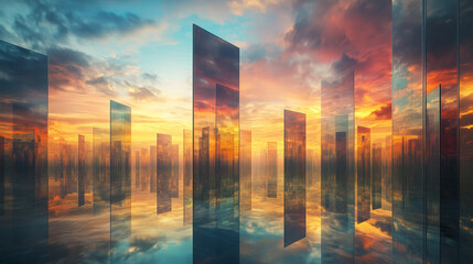 Fototapeta premium Lustrzane ściany labiryntu przechwytują żywe kolory zachodu słońca, wzmacniając wrażenie nieskończoności i tajemnicy. 