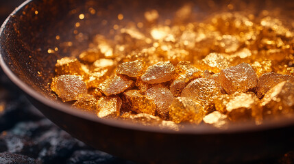 Gold nuggets in a pan with glowing details.