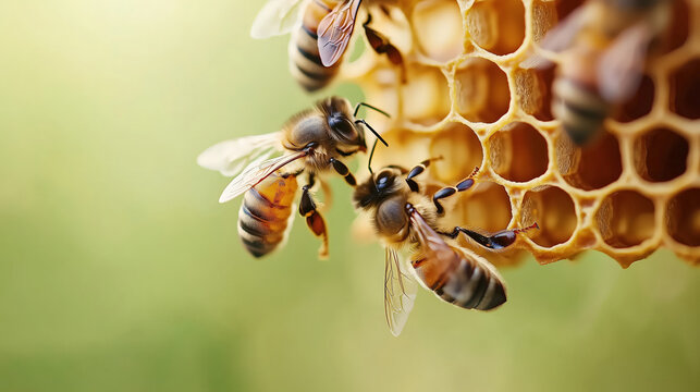 honeybees actively working on a honeycomb. The bees are collecting nectar and producing honey, with detailed close-ups of their delicate wings and intricate honeycomb structure