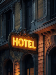 Obraz premium Yellow Neon Hotel Sign at Night