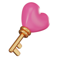 3D render, love key golden and pink heart for valentine's day. Icon Illustration