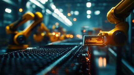 Automated robotic arms working in a modern industrial factory environment.