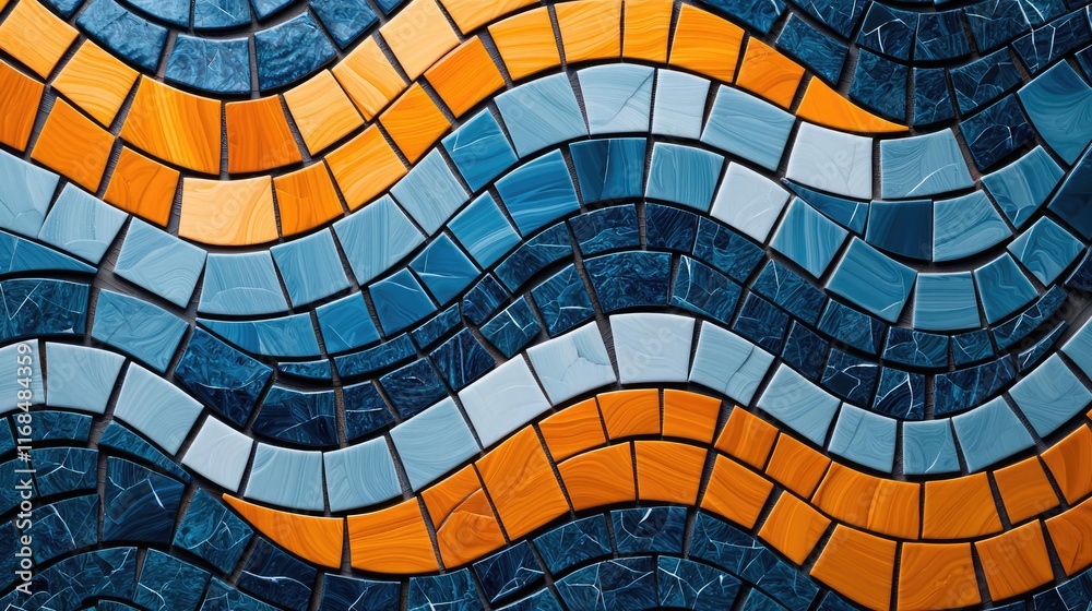Poster Mosaic abstract background concept. Colorful mosaic tiles arranged in wavy patterns, creating a vibrant abstract design.