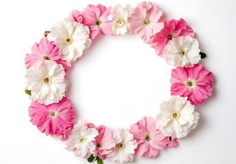 Fototapeta premium Flat lay of a floral frame made from pink and white flowers, spring summer frame